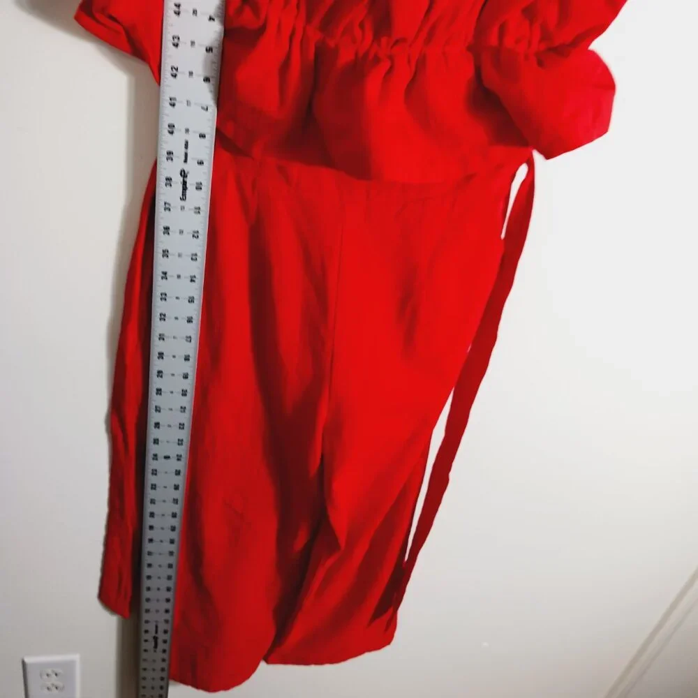 Ambition, Med., Red Strapless Linen Blend Jumpsuit W/ Ruffled Top, Calf Length - Picture 10 of 13